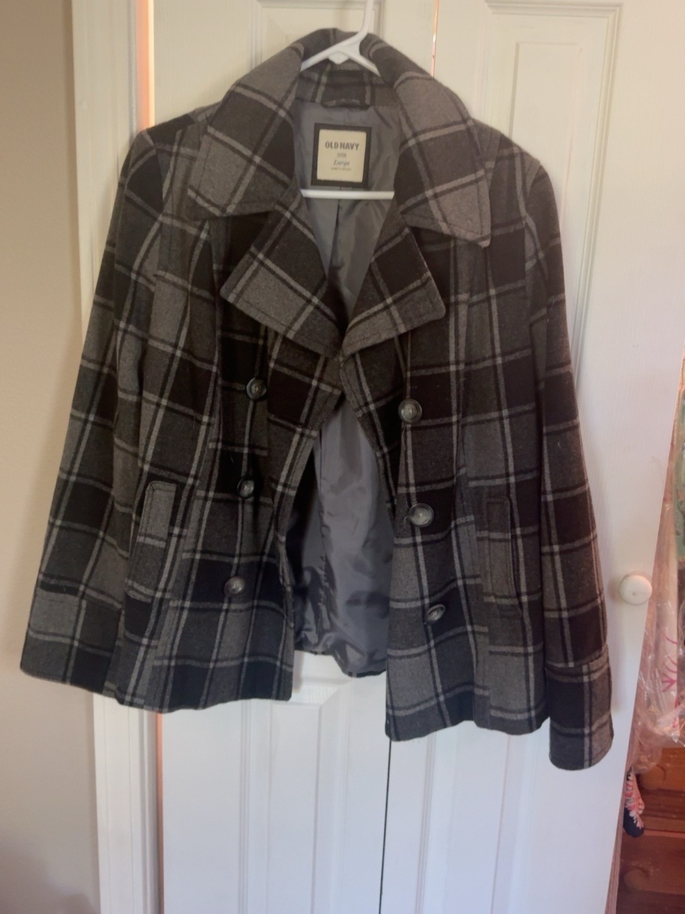 Old Navy Large Gray Black Plaid Double Breasted Peacoat